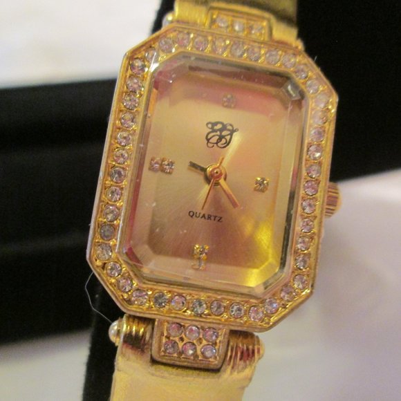 ELIZABETH TAYLOR WHITE DIAMONDS RECTANGLE GOLD WATCH – NWT - Picture 1 of 9
